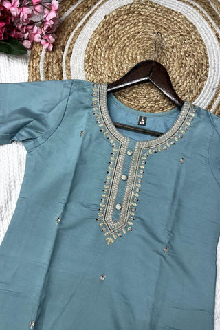 Grey Viscose Chanderi With Embroidered Kurta Set_Kumari Sarees