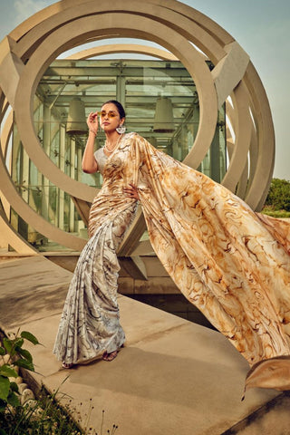 Grey Printed Satin Crepe Saree_Kumari Sarees