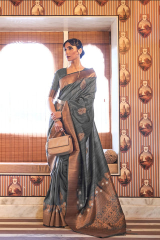 Grey Tussar Silk Copper Zari Weaving Saree