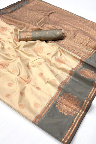 Grey Two Tone Contrast Katan Silk- Handloom Weaving Saree