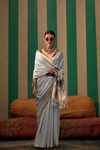 Grey Spun Handloom Weaving Silk Saree