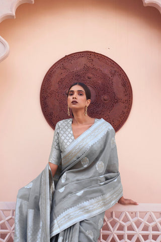 GREY PURE LINEN WEAVING SAREE