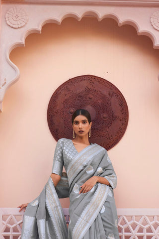 Grey Pure Linen Weaving Saree_Kumari Sarees