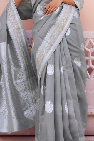 Grey Pure Linen Weaving Saree_Kumari Sarees