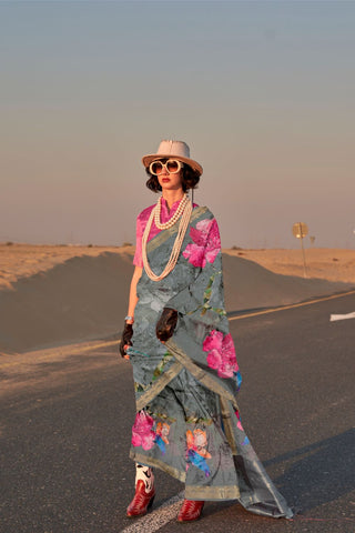 Grey Handwoven Tussar Silk Saree With Blouse