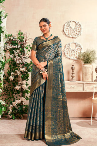 GREY PURE DHARMAVARAM SILK SAREE WITH ZARI WEAVING