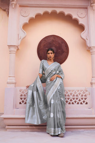 GREY PURE LINEN WEAVING SAREE