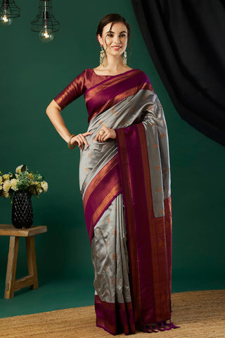Grey & Maroon Banarasi Silk Saree_Kumari Sarees