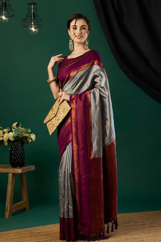 Grey & Maroon Banarasi Silk Saree_Kumari Sarees