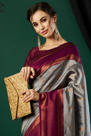 Grey & Maroon Banarasi Silk Saree_Kumari Sarees