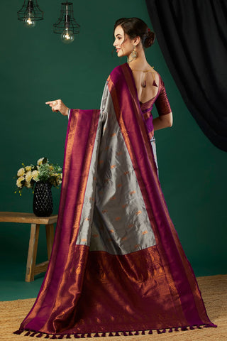 Grey & Maroon Banarasi Silk Saree_Kumari Sarees