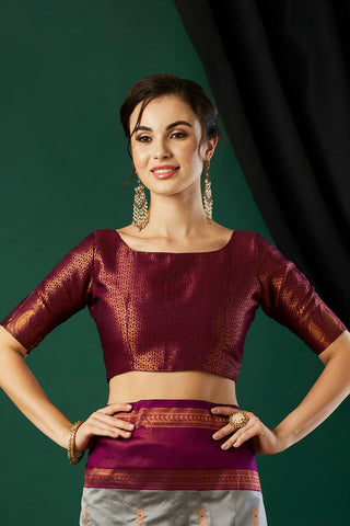 Grey & Maroon Banarasi Silk Saree_Kumari Sarees