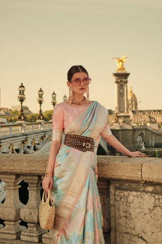 Grey & Orange Rangkat Satin Handloom Weaving Silk Saree