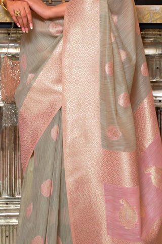 GREY & PINK PURE LINEN WEAVING SAREE