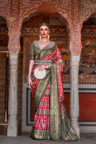 Grey & Red Banarasi Patola Silk Saree