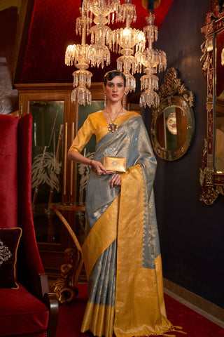 GREY & YELLOW HANDLOOM WEAVING SILK SAREE