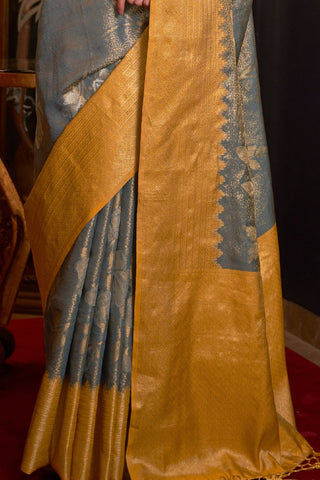 GREY & YELLOW HANDLOOM WEAVING SILK SAREE