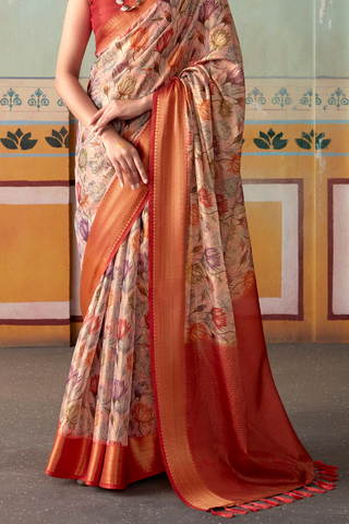 Orange & Pink Pure Handloom Tissue Silk Saree