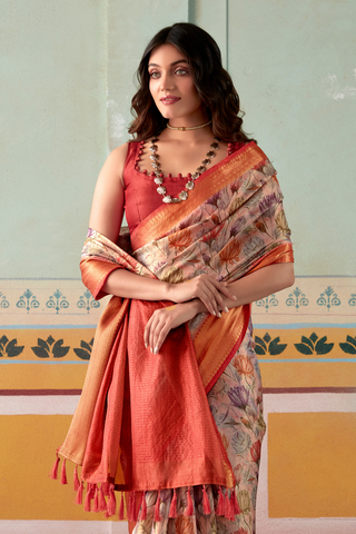 Orange & Pink Pure Handloom Tissue Silk Saree