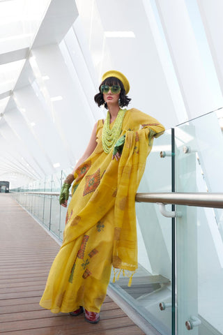 Yellow Printed Zari Tissue Saree