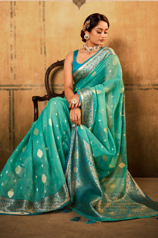 LIGHT GREEN BANARASI TISSUE SAREE