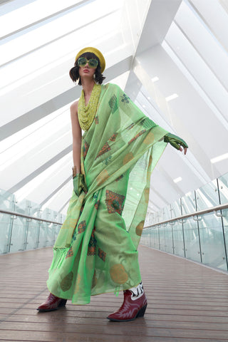 LIGHT GREEN PRINTED ZARI TISSUE SAREE