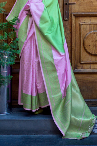 Lavender & Green Soft Silk Handloom Weaving Saree