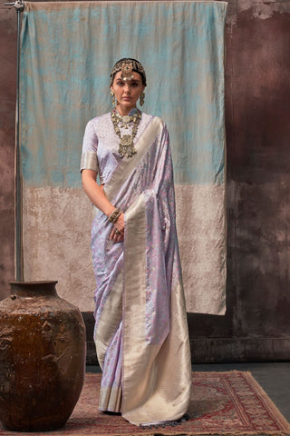 Lavender Pure Satin Handloom Weaving Silk Saree_Kumari Sarees