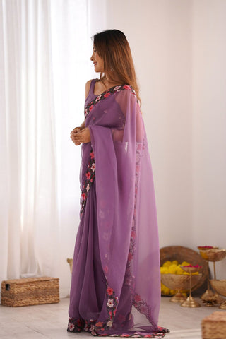 Lavender Gold Crush With Multi Embroidery Work Saree_Kumari Sarees