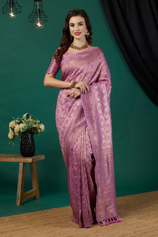 Lavender And Gold-Toned Kanjeevaram Saree_Kumari Sarees