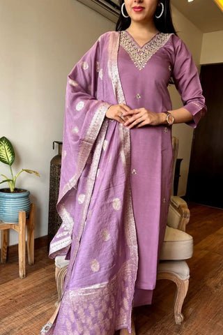 Lavender Chanderi Jaccard Silk Embroidery Kurta Set