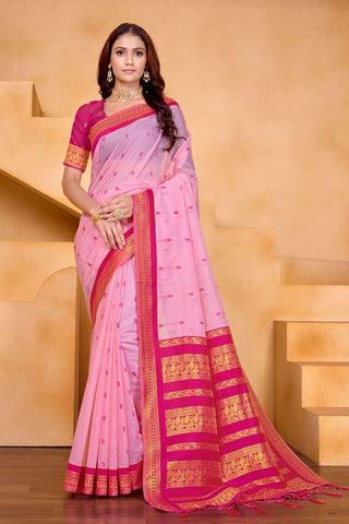 Lavender Pure Handloom Cotton With Gold Zari Silk Saree_Kumari Sarees