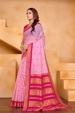 Lavender Pure Handloom Cotton With Gold Zari Silk Saree_Kumari Sarees