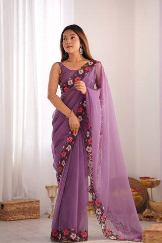 Lavender Gold Crush With Multi Embroidery Work Saree_Kumari Sarees
