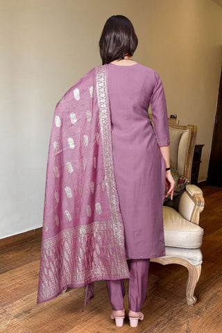 Lavender Chanderi Jaccard Silk Embroidery Kurta Set