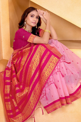 Lavender Pure Handloom Cotton With Gold Zari Silk Saree_Kumari Sarees