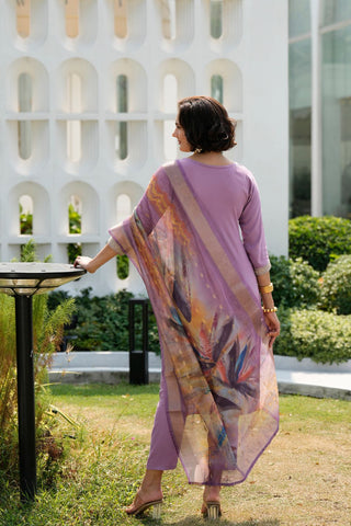 Lavender Tissue With Floral Print and Embroidery Kurta Set_Kumari Sarees