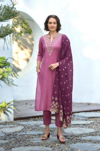 Lavender Chanderi Jcard With Embroidery Kurta Set_Kumari Sarees