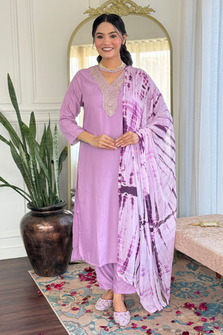 Lavender Viscose Slub Embroidery Kurta Set_Kumari Sarees