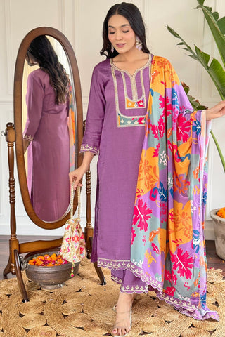Lavender Viscose Slub Embroidery Kurta Set_Kumari Sarees