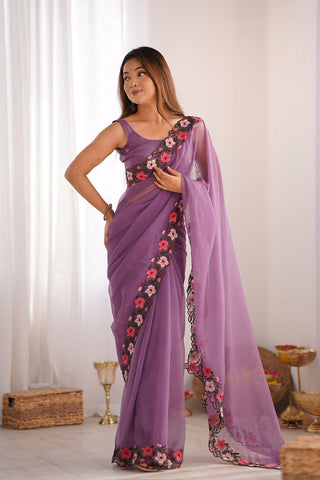 Lavender Gold Crush With Multi Embroidery Work Saree_Kumari Sarees