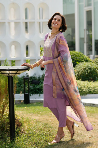 Lavender Tissue With Floral Print and Embroidery Kurta Set_Kumari Sarees