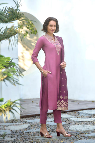 Lavender Chanderi Jcard With Embroidery Kurta Set_Kumari Sarees