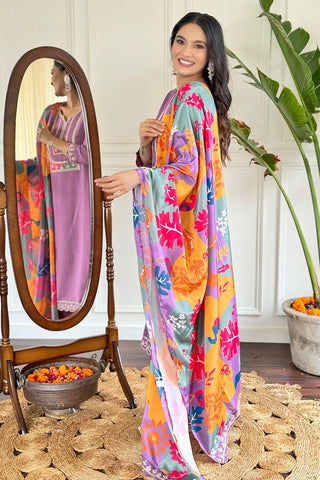 Lavender Viscose Slub Embroidery Kurta Set_Kumari Sarees