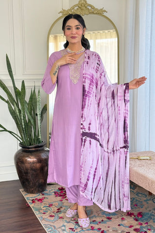 Lavender Viscose Slub Embroidery Kurta Set_Kumari Sarees