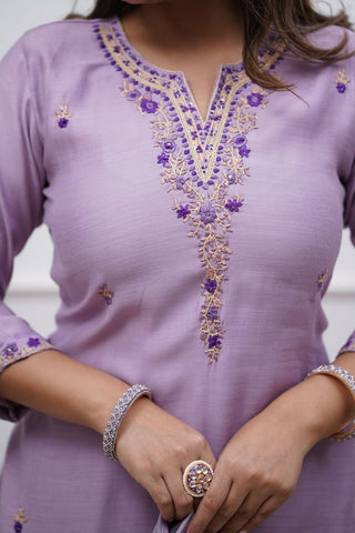 Lavender Soft Reyon Slub Embroidered Kurta Set