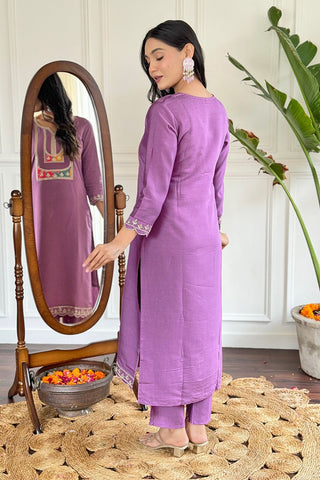 Lavender Viscose Slub Embroidery Kurta Set_Kumari Sarees
