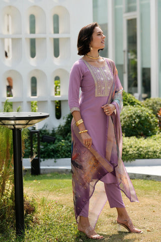 Lavender Tissue With Floral Print and Embroidery Kurta Set_Kumari Sarees