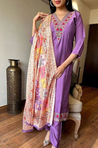 Lavender Viscose Chanderi With Embroidered Kurta Set_Kumari Sarees