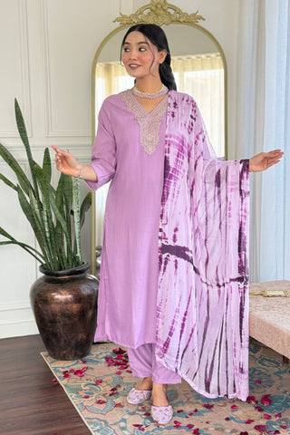 Lavender Viscose Slub Embroidery Kurta Set_Kumari Sarees